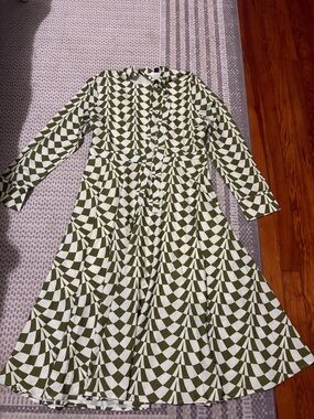 STYLEWE Olive & White Long-Sleeve Geometric Fit-and-Flare Midi Dress